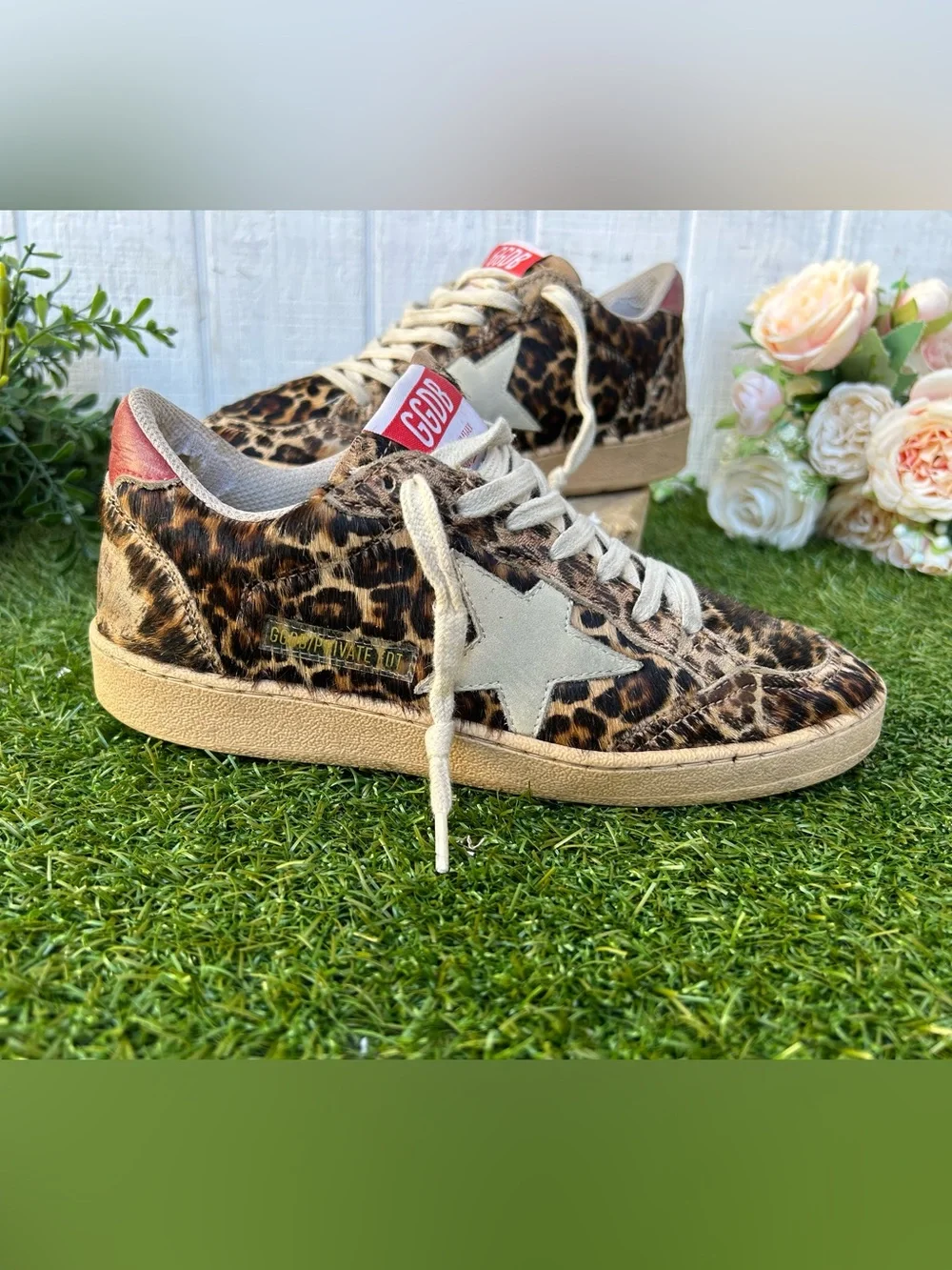 GOLDEN GOOSE Ball Star Leopard Calf Hair Sneakers - Leopard/ Ice/ Red $735 Sz 6